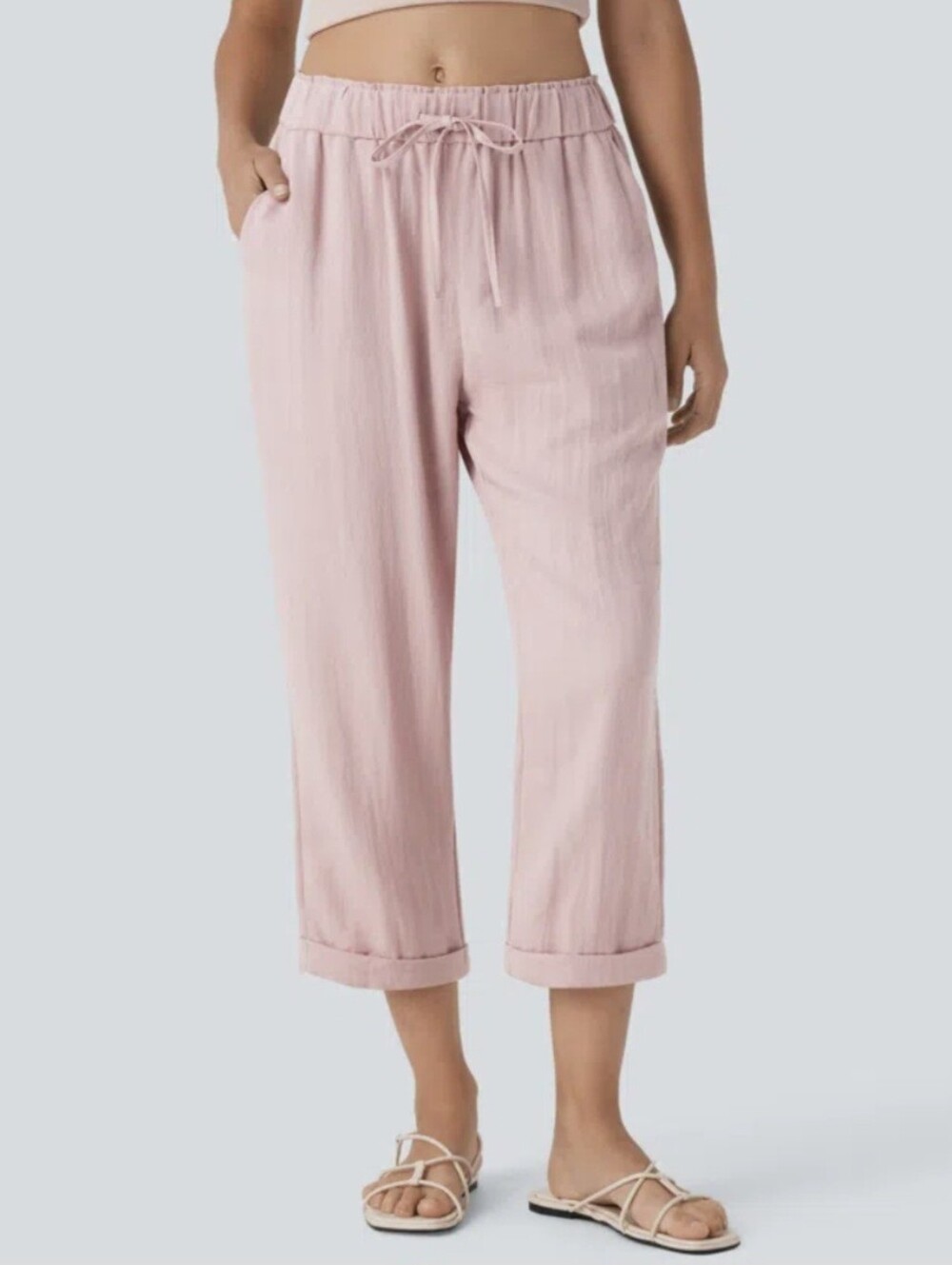 Halara Mid Rise Drawstring Casual Tapered Pants with Pockets Pink Potpourri